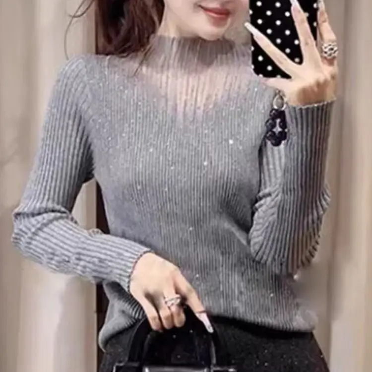 Hot Drill Mesh Hollow Mock Neck Knitted Sweater 2026 New Autumn Winter Women's Bling Sweater Woman Korean Style Pullover Sweater
