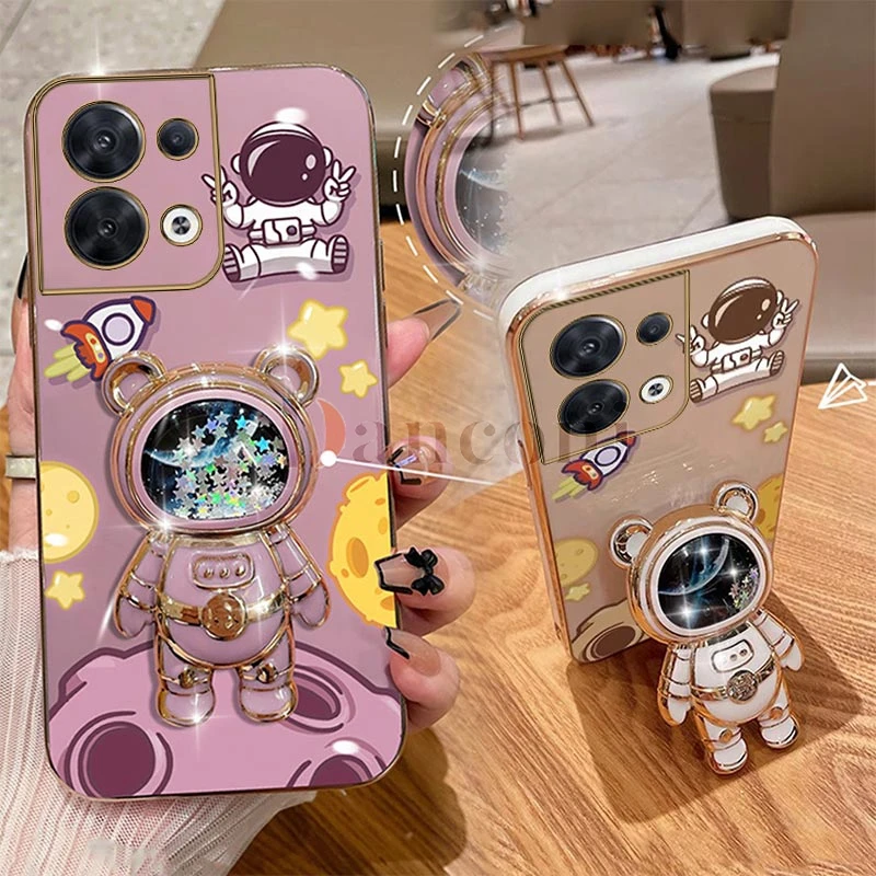 Cheering astronauts Plating Phone Holder Case For OPPO Reno 8 Pro 8T 7Z 7 Lite 6 6Z 6 ProPlus 5 Lite 5F 4 Lite 4F 2F 3Pro Cover