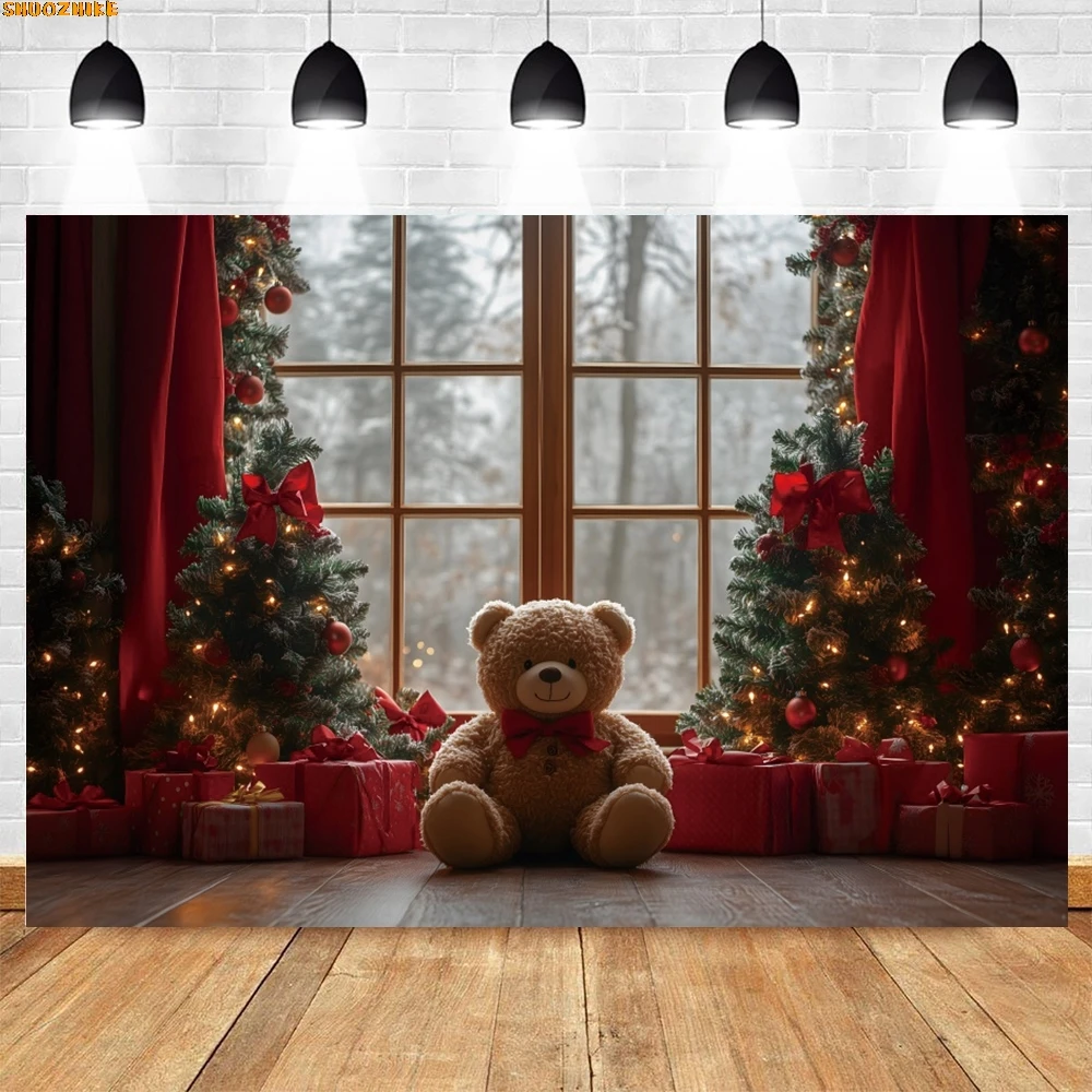 

Christmas Day Wreath Family New Year Party Photography Backdrops Prop Window Living Room Xmas Tree Gift Snow Background OZ-09