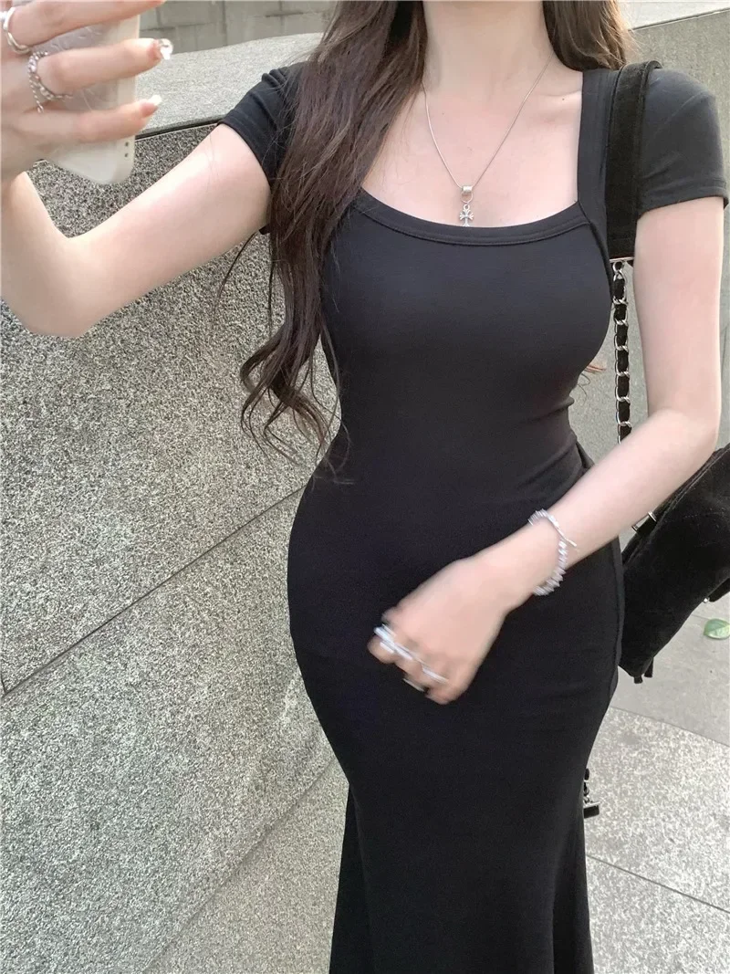 

Spring Summer Solid Slim Sexy Dress Women Short Sleeve Skinny Bodycon Maxi Dresses Woman Square Collar Party Vestidos Mujer Y2k