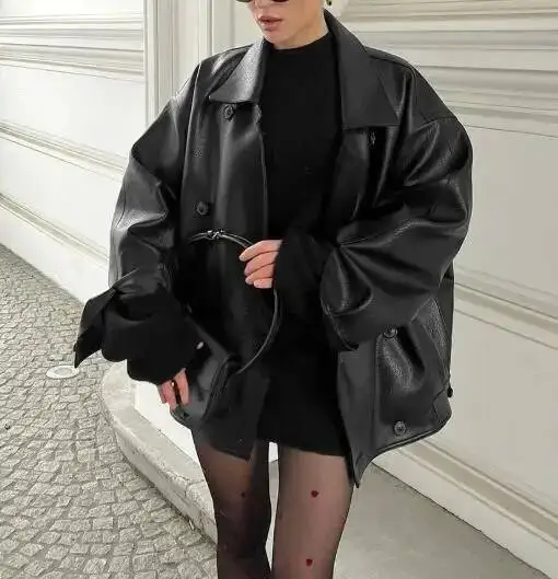 Retro Temperament Suit Collar Autumn New Women's Solid Color High Street Fashion Lapel Loose Leather Jacket