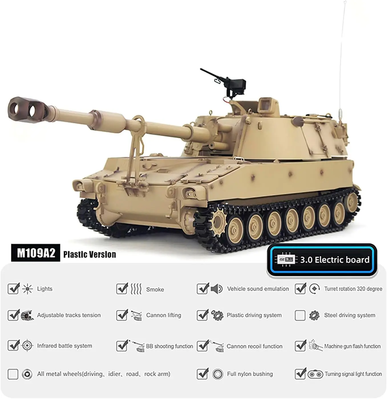 Tanque de obús autopropulsado con control remoto, modelo de tanque de camuflaje del desierto M109A2, 46CM, 1:16, tamaño completo, mo