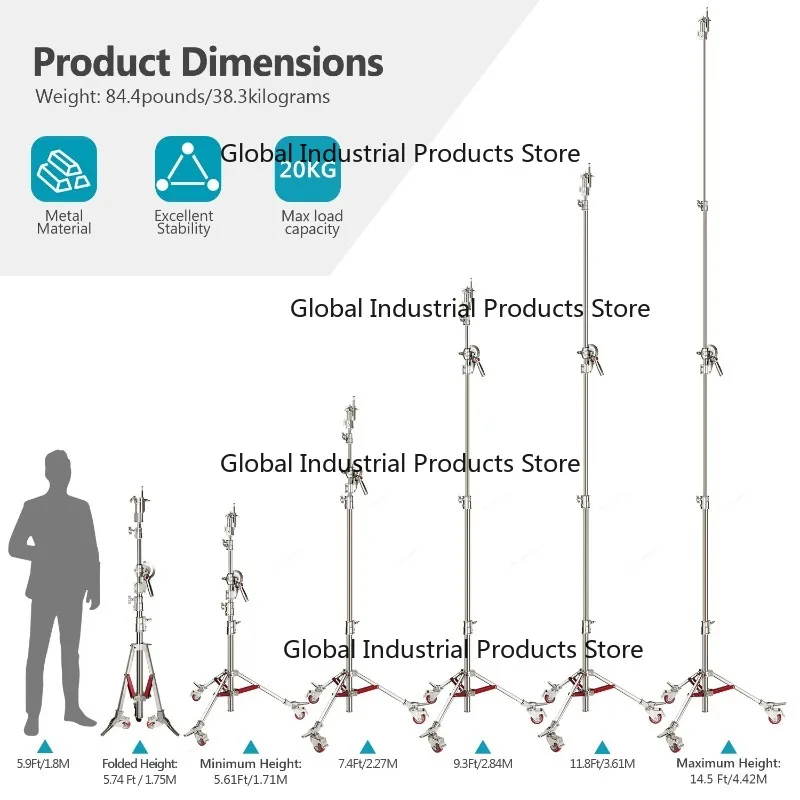

Neewer 100% Stainless Steel C-Stand Light Stand with Casters Adjustable Height 14.4ft/440cm with 7ft/218cm Crossbar for Photogra