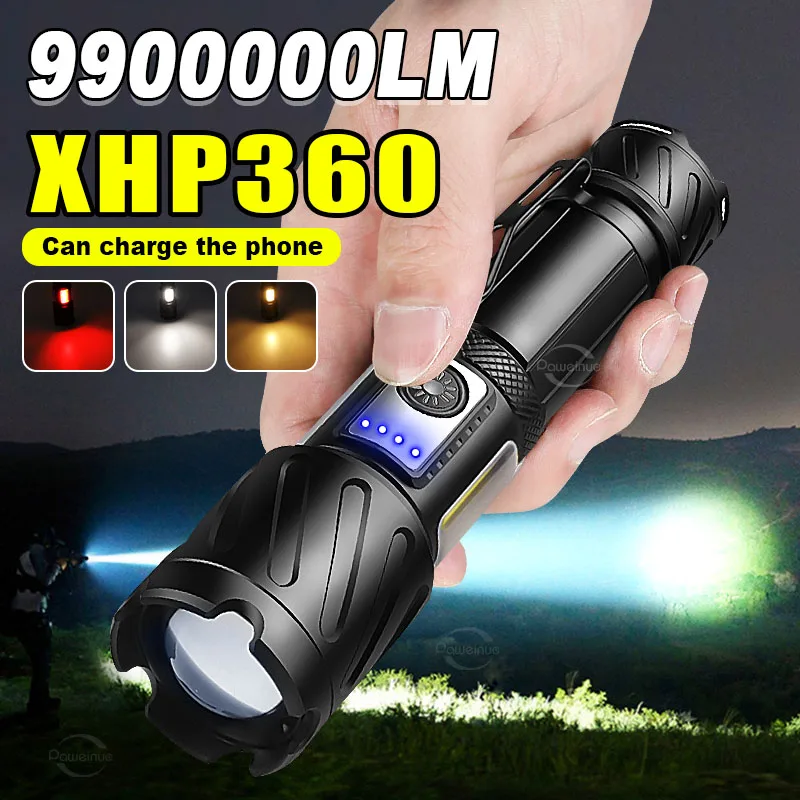 

Супер XHP360 светодиодные фонари высокой мощности, перезаряжаемый фонарик, самый мощный тактический фонарик 18650, тип C, фонарь для кемпинга