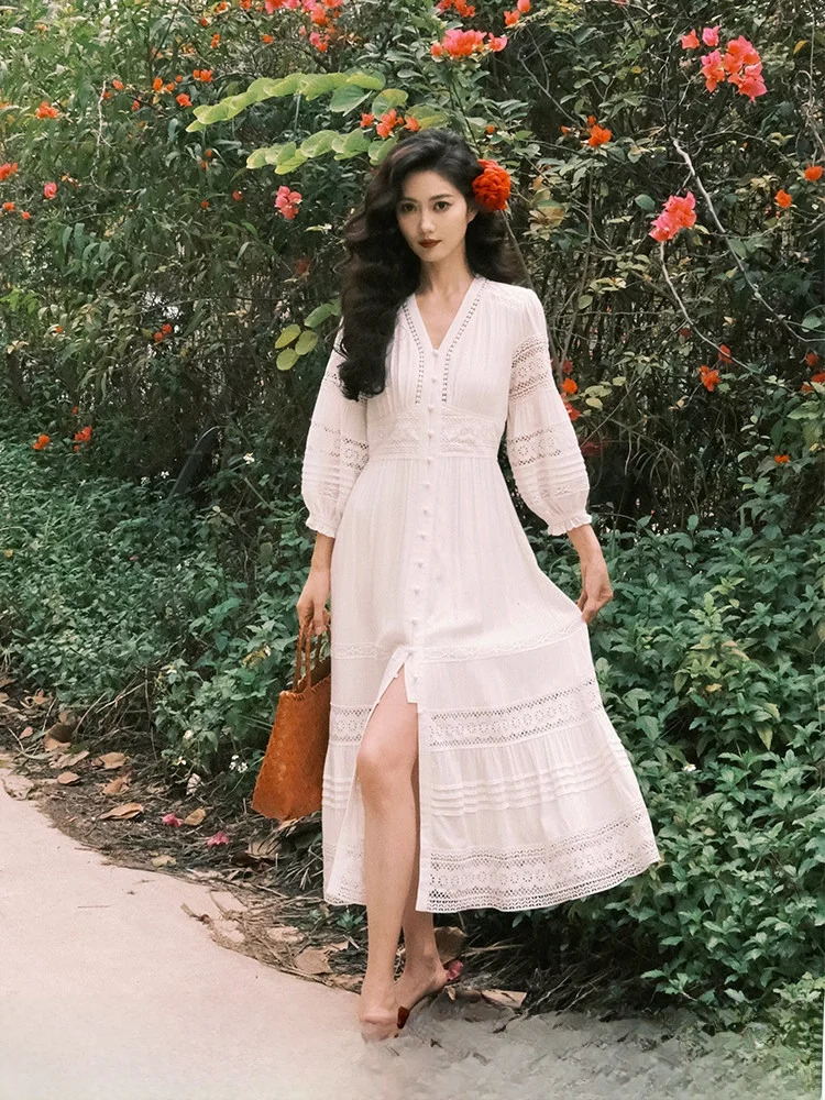 

TAIYANG White Vintage Water-Soluble Flower Long Sve Dr V-Ne Split Long Gown Ele Summer Dr for Women