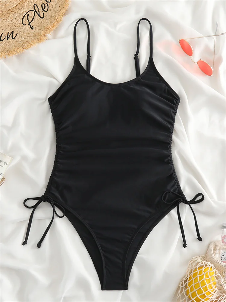 

One Piece Women Swimsuit 2025 New Solid Sling Swimwear Drawstring Sexy Monokini Bodysuit Bathing Suit Female Summer Beach Wear