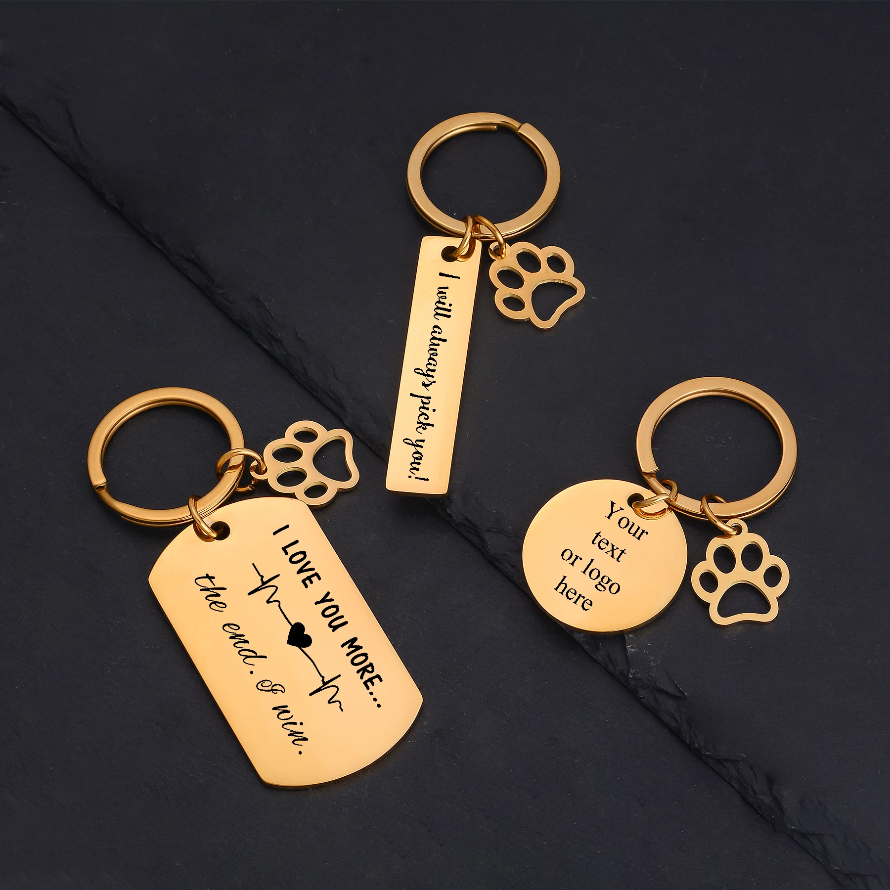 2pcs Paw Print Pet Keychains Custom Engraved Stainless Steel Rectangular Round Dog Tag for Pet Dogs Owner Jewelry Gifts