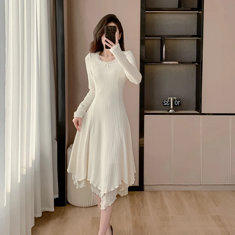 여성용 니트 봄 가을 신상 슬림핏 이너웨어 베이스 롱 스커트