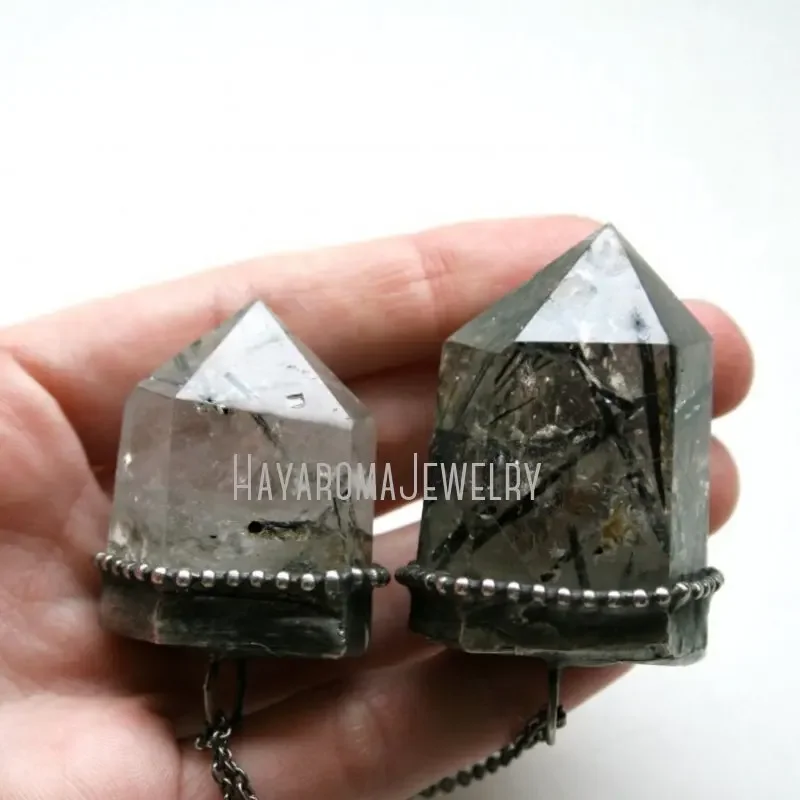 10pcs Tourmalinated Quartz Crystal Tower Necklace Natural Tourmaline Rutilated Goth  Boho Grunge Y2k Jewelry Collares Wicca