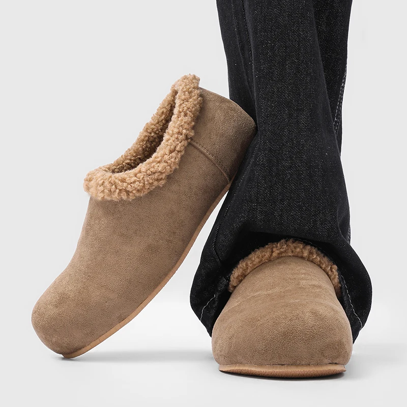 DIMANYU Men Winter Warm Faux Shearling Flat Shoes Slip‑on Mules Slippers Man Plush Lined Non‑Slip Casual Outdoor Home Shoes Man