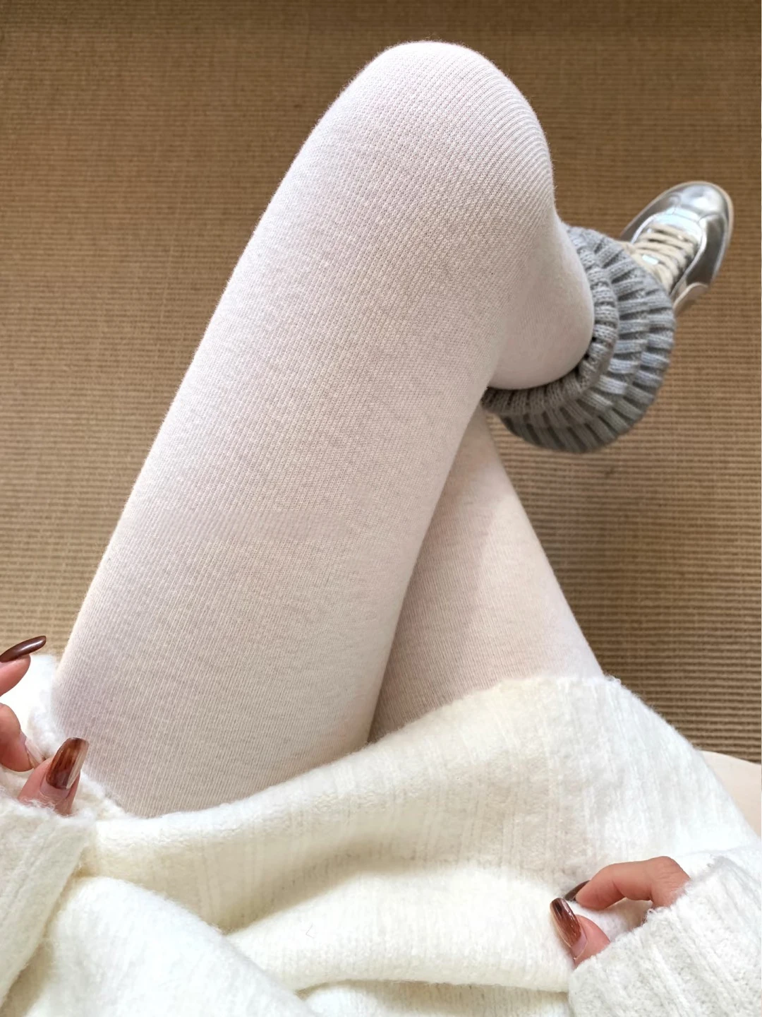 High Waist Fleece Lined Brushed Knitted Leggings Women's Base Layer Pants for Autumn Winter Casual Wear Long Polyester Tights