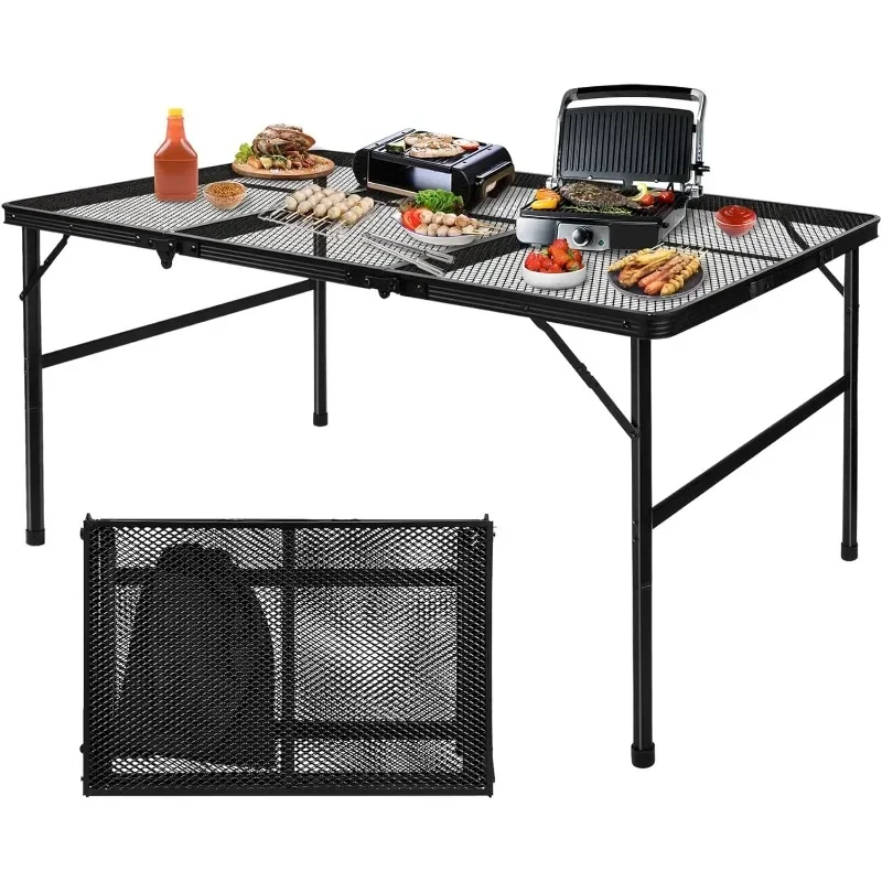 

Folding Grill Table Camping Table with Mesh Desktop, Lightweight 3 FT Metal Table for Outside, Height Adjustable Portable Gril