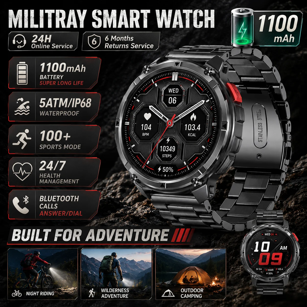 LIGE New 1100mAh Battery Smart Watch 5ATM Waterproof Sports Tracker Outdoors Compass Military Built-in 24H Health Men Smartwatch
