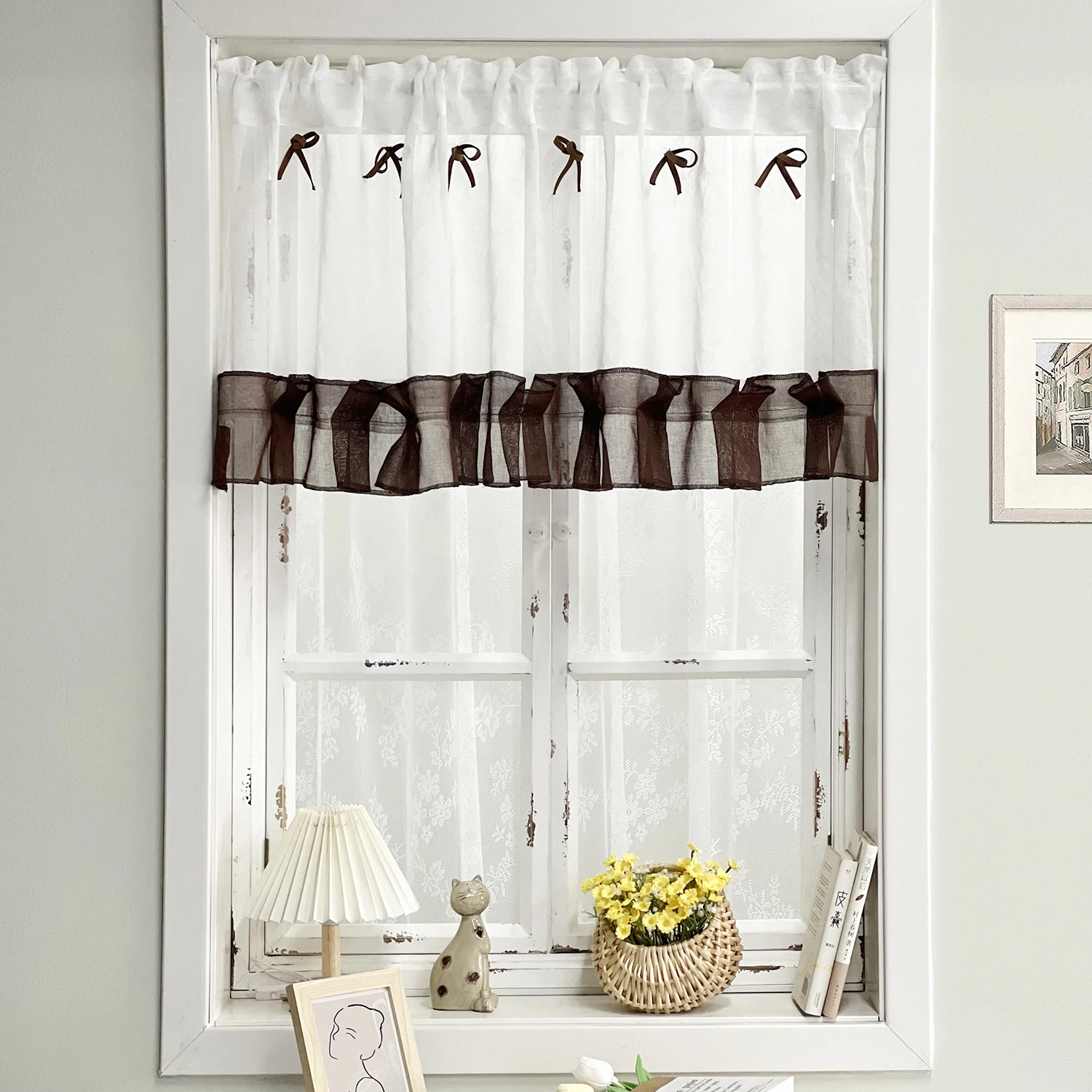 

Coffee Bow Pleats Ruffles Short Curtain Valance for Kitchen, Cabinet, Cafe, Farmhouse,Bedroom Small Window Curtains