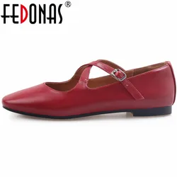 FEDONAS New Arrival Women Flats Spring Summer Round Toe Buckle Strap Genuine Leather Concise Casual Working Shoes Woman Basic