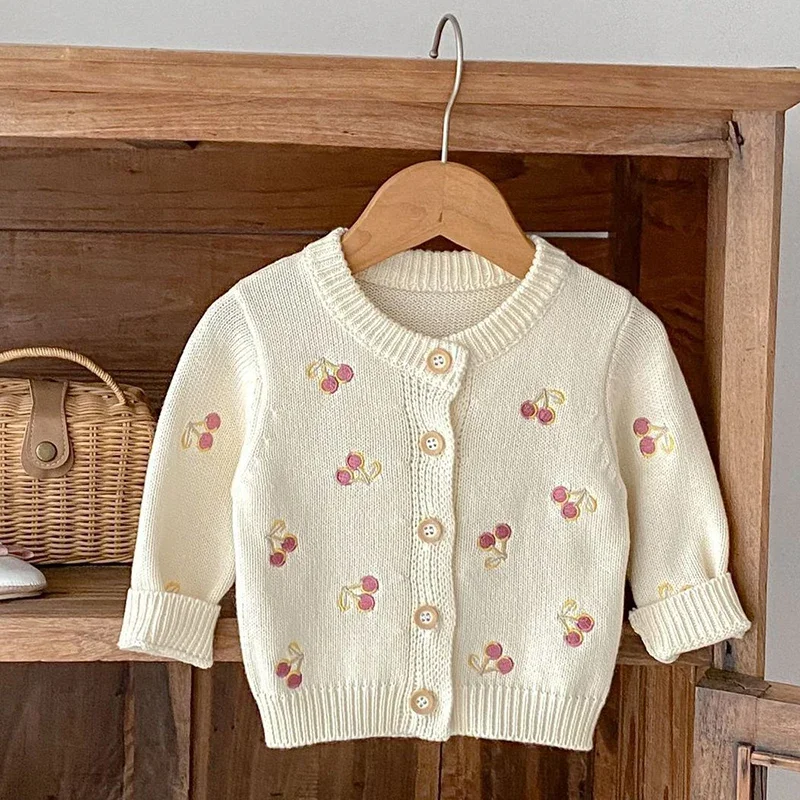 

2024 Infant Cartoon Cherry Knitted Embroidery Cardigan Autumn Children Clothes Baby Girls Knitting Cardigan Baby Girls Sweater