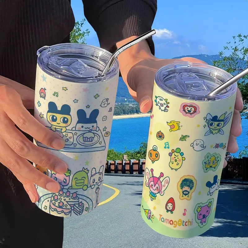 New Tamagotchi high color value cartoon cute thermos cup with straw creative personality portable stainless steel cup coffee cup