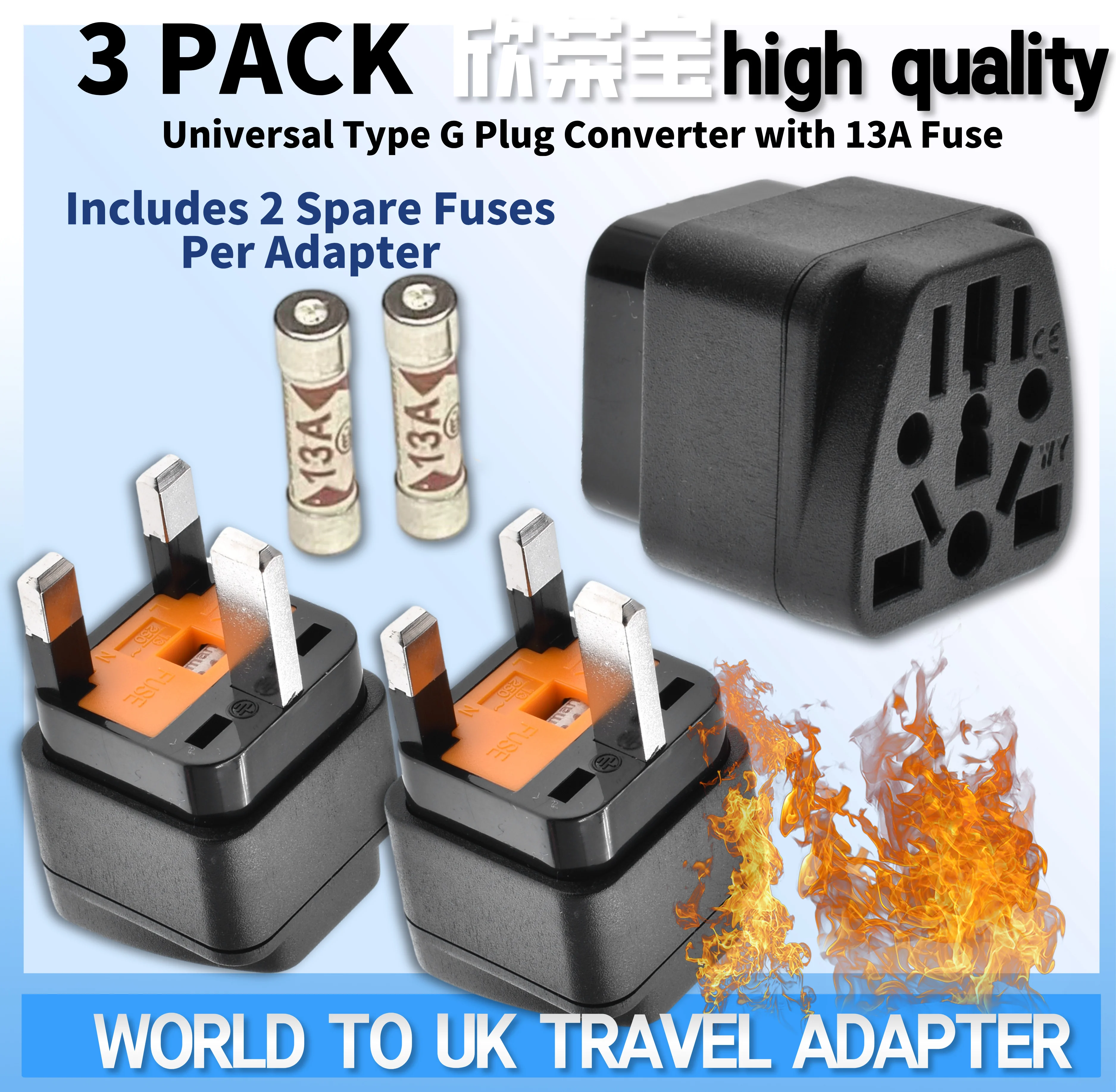 World to UK Travel Adapter (3-Pack)Universal Power Converter,Transforms US/AU/EU/CN plugs to UK-Grounded,for All DevicesIncludes