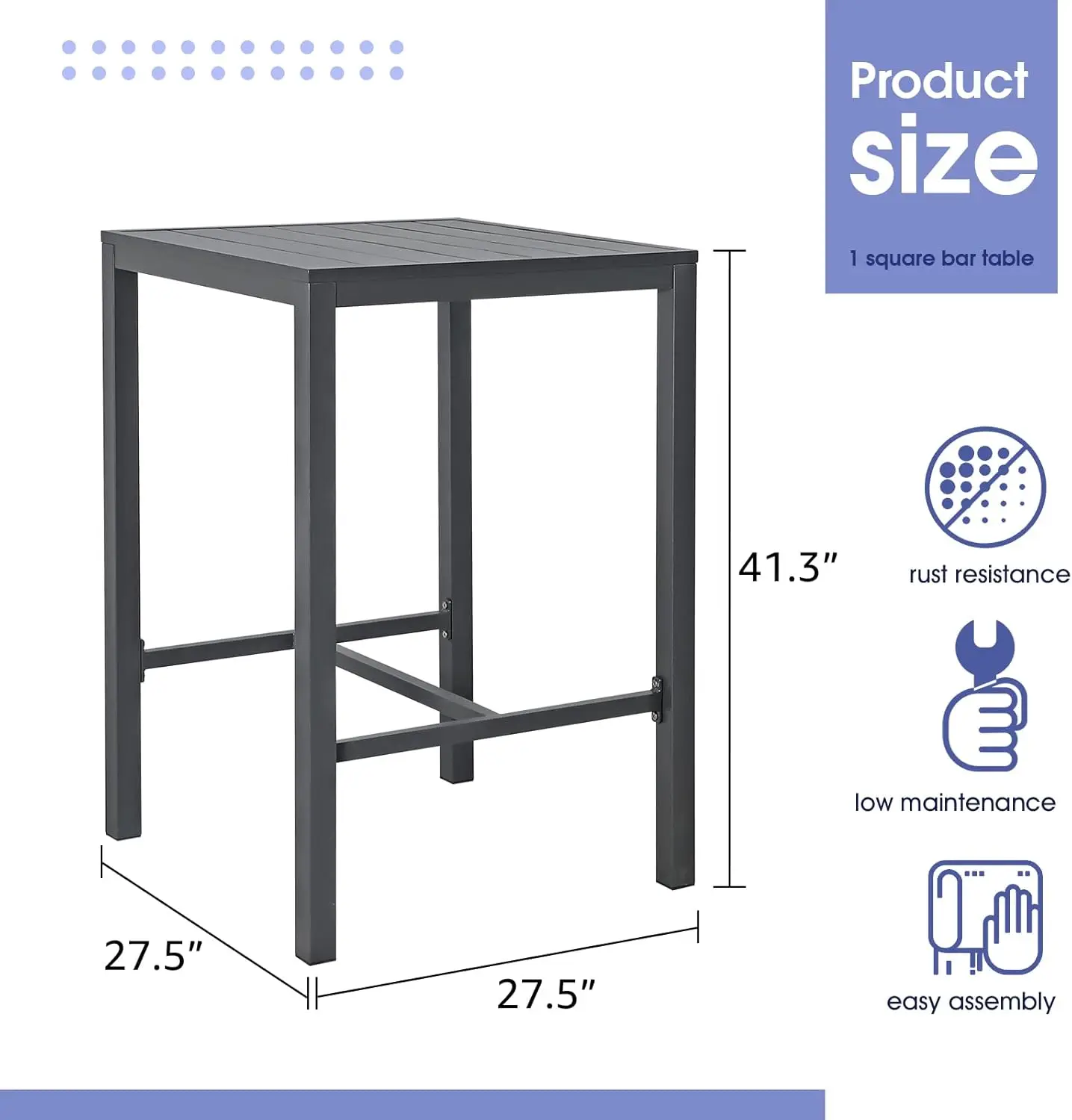 All-Aluminum Frame Square Pub Table, uso interno e externo, fácil montagem, baixa manutenção, cinza escuro