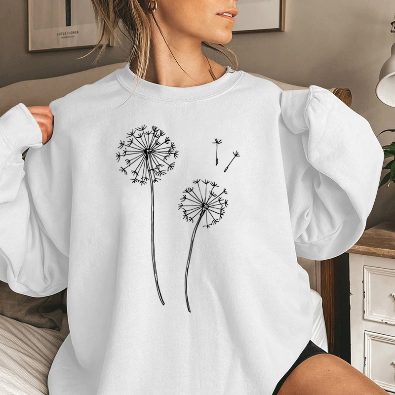 Sweatshirt musim gugur musim dingin, Sweatshirt leher bulat motif Dandelion, Sweatshirt untuk wanita ukuran besar, pakaian wanita pullover tanpa Tudung