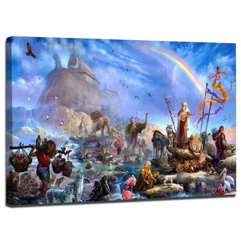 Noah's Ark People Animals Rainbow Rescue New World Scene Canvas Wall Art By Ho Me Lili For Livingroom Decor