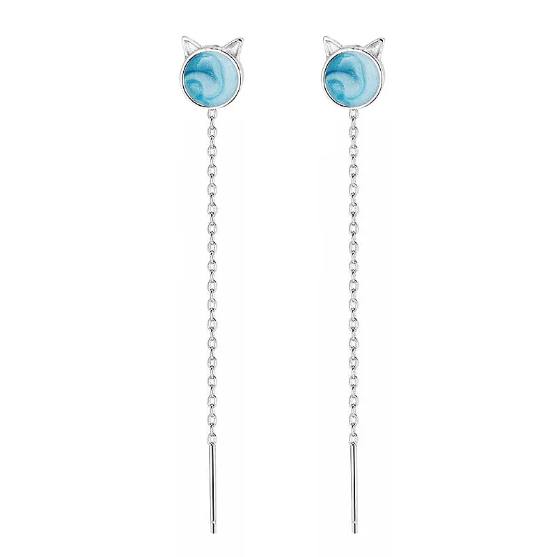 925 Sterling Silver Jewelry Simple Opal Kitten Cat Ear Line Drop Earrings for Women Girls Party Jewelry For Girls Friend Gift