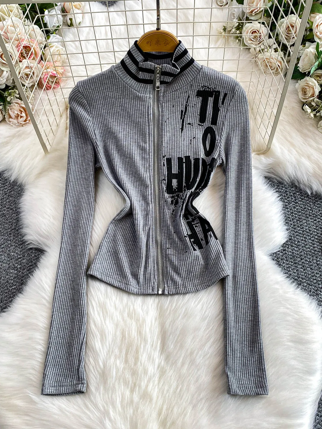 Retro American Striped Knitwear Zipper Slim Fit Women's Stand Collar Outerwear Long Sve Office Wear Summer Autumn Winter