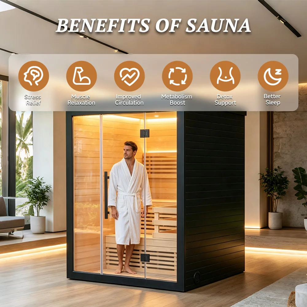Signature Freestanding Home Sauna With Tempered Glass Door And Charcoal Exterior For Villa Wellness Retreat Relax