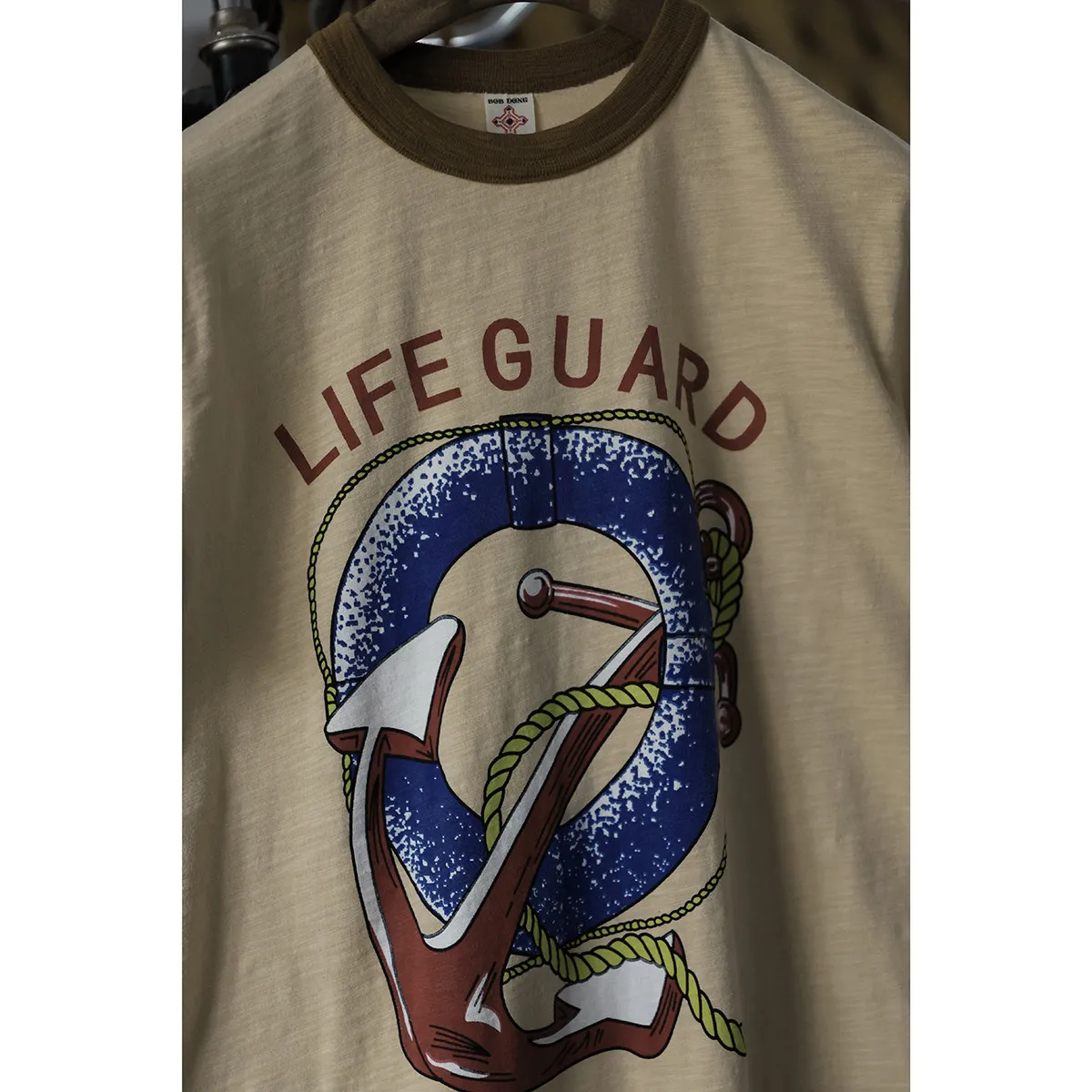 BOB DONG Vintage Ringer T-Shirt Life Guard Anchor Slub Cotton Japanese Style Short Sleeve