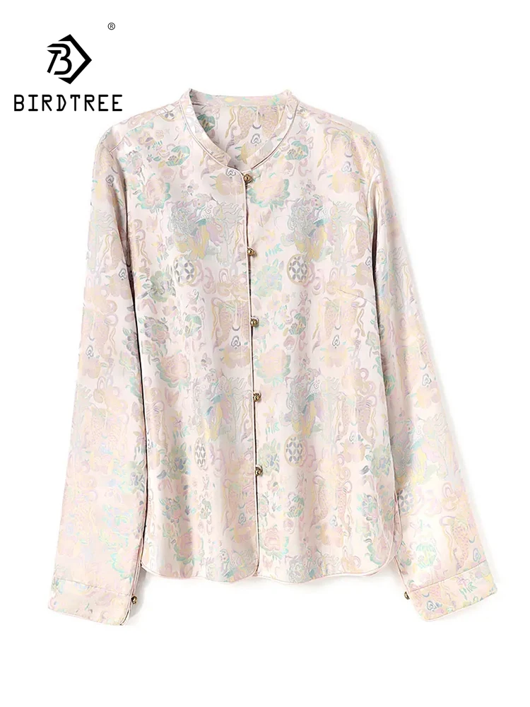 BirdTree-Silk Song Brocade Elegant Coat, O Neck Cartoon, Women Retro Design Temperament Loose Cardigan, 2026 Autumn New C6O332CC