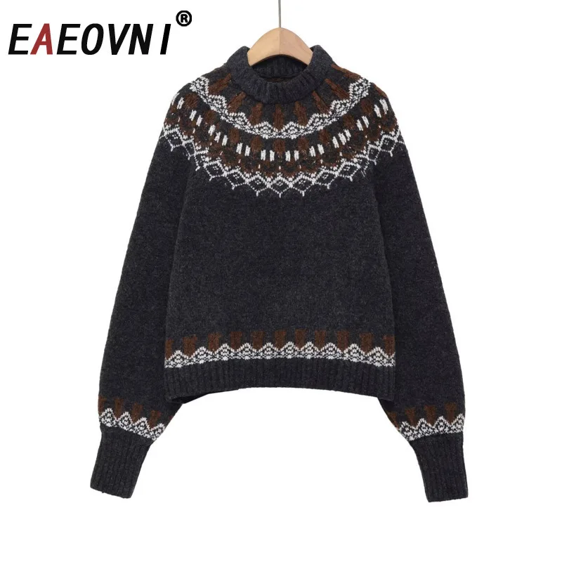 

EAEOVNI винтажный свитер контрастного цвета, женский повседневный вязаный свитер с воротником и длинными рукавами, пуловер, топы, мода 2026, новая одежда