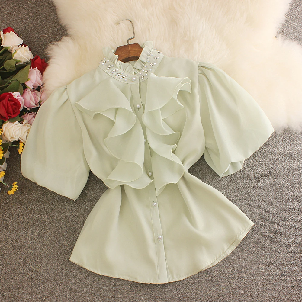 

Retro Court Diamond Embellished Bubble Sleeve Loose Fit Stand Collar Women's Shirt Summer Fashion Age Reduction Top