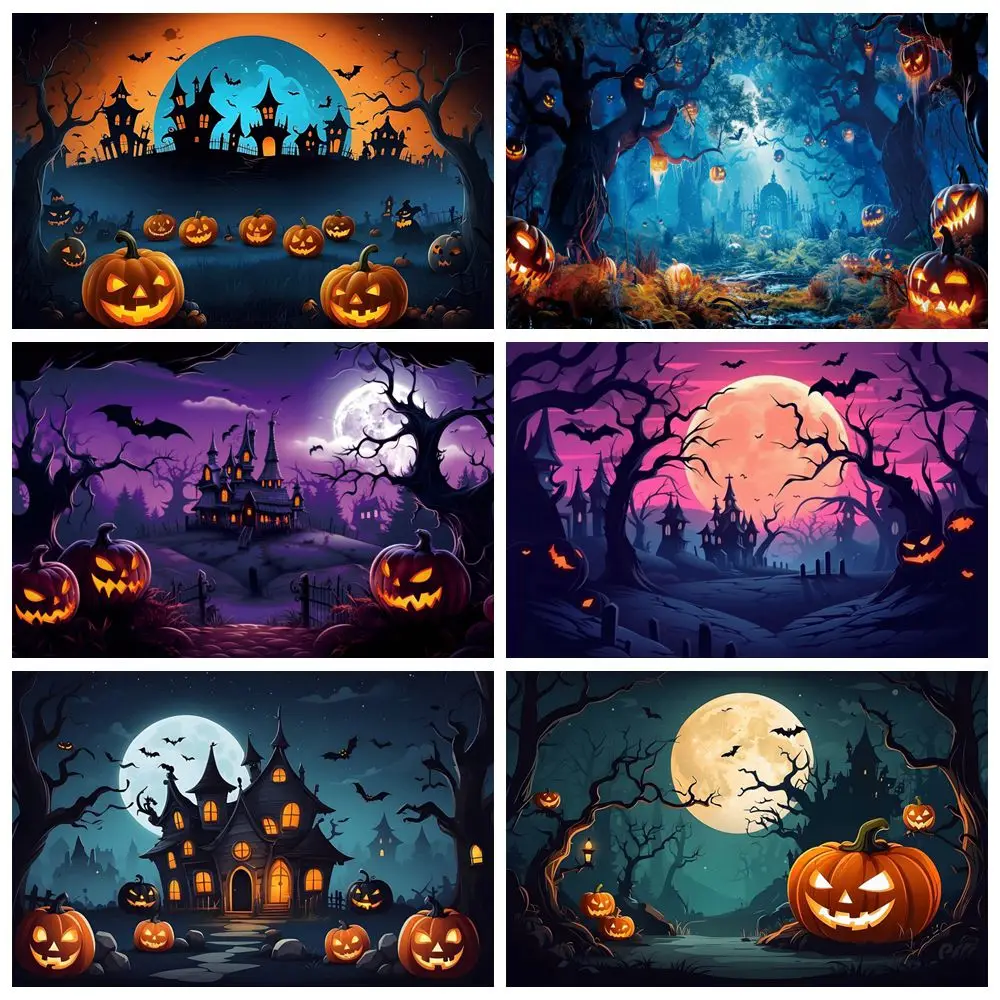 

Halloween Background Night Full Moon Dark Forest Horror Pumpkin Lanterns Baby Portrait Photography Backdrop Photo Studio Props