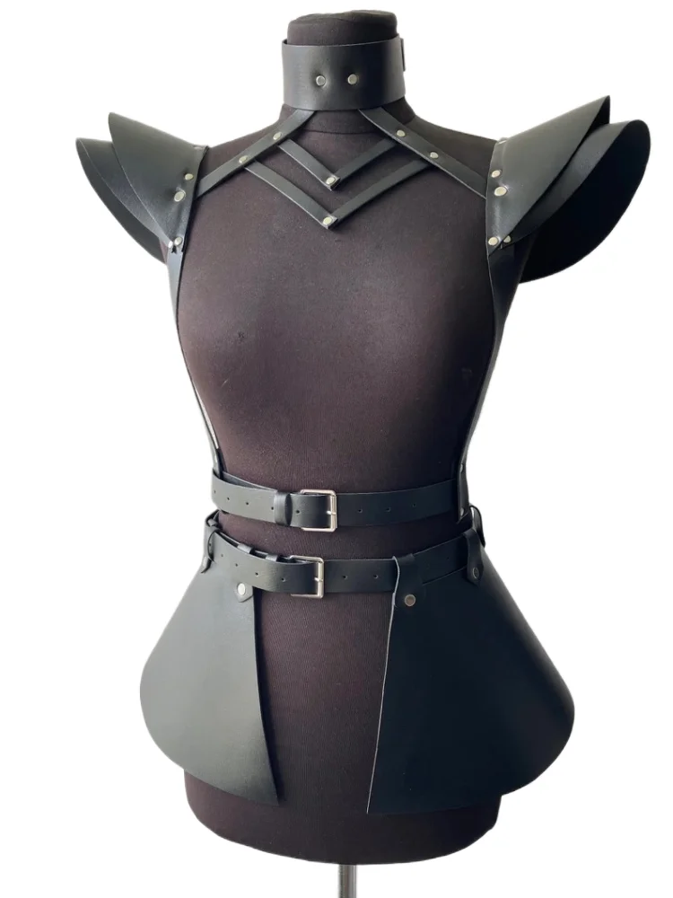 

Black Sexy Women's Suspenders Leather Gothic Tops Body Binding Shoulder Straps Waistband Halloween Stage Cosplay Costume Set