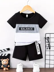 2pcs Boys Casual BALANCE Letter Graphic Print Short Sleeve Colorblock T-shirt & Shorts Set Comfy Summer Kids Clothes