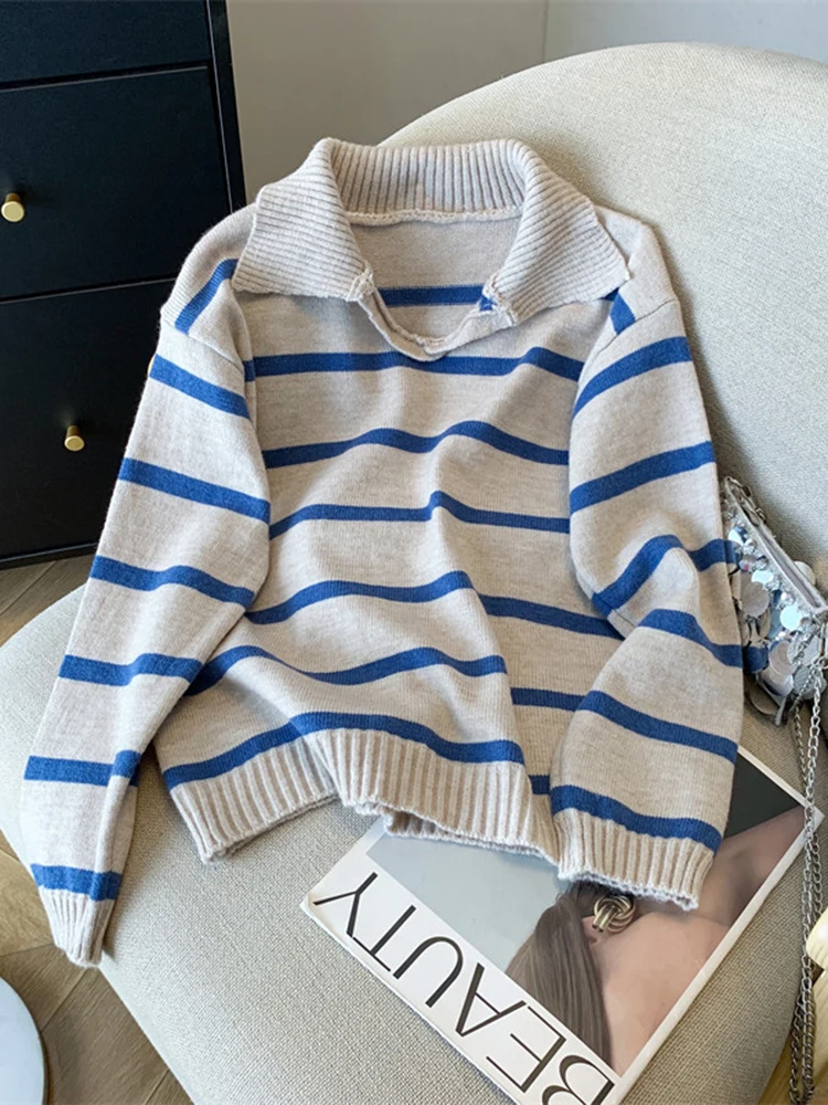 

Дизайнерский смысл, ниша, синий полосатый дизайн, вязаный свитер с воротником-поло, женский осенний новый пуловер с длинными рукавами в ленивом стиле