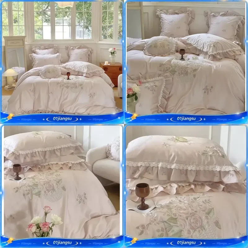 Lychee Rose 100 Thread Count Long Staple Cotton French Embroidery Pure Cotton 4 Piece Bedding Set Princess Girl Lace All