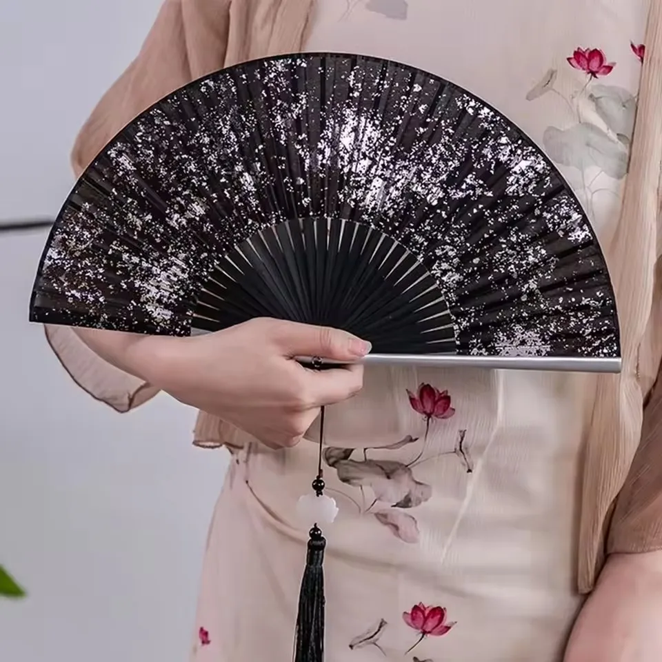 Black Folding Fan Silk Fabric Craft Fans Baking Gold Stamping Fan Classical Hand Fans Weddings Chinese Luxury Fan Wall Decor
