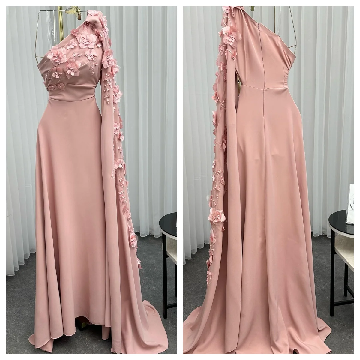 맞춤형 이브닝 드레스 저지 수제 꽃 구슬 장식 한 어깨 민소매 댄스 파티 드레스 클래식 Watteau Train Party Dresses