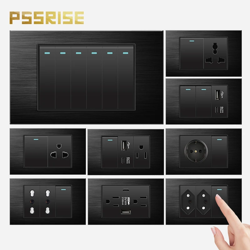 

PSSRISE Black Aluminium Wire 2.1A USb TypeC Brazil Standard Outlet Plug 118*72mm Wall Power Socket Light Switch Contacts Buttons