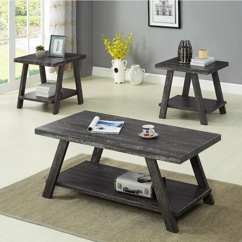 Contemporary 3-Piece Wood Shelf Coffee Table Set