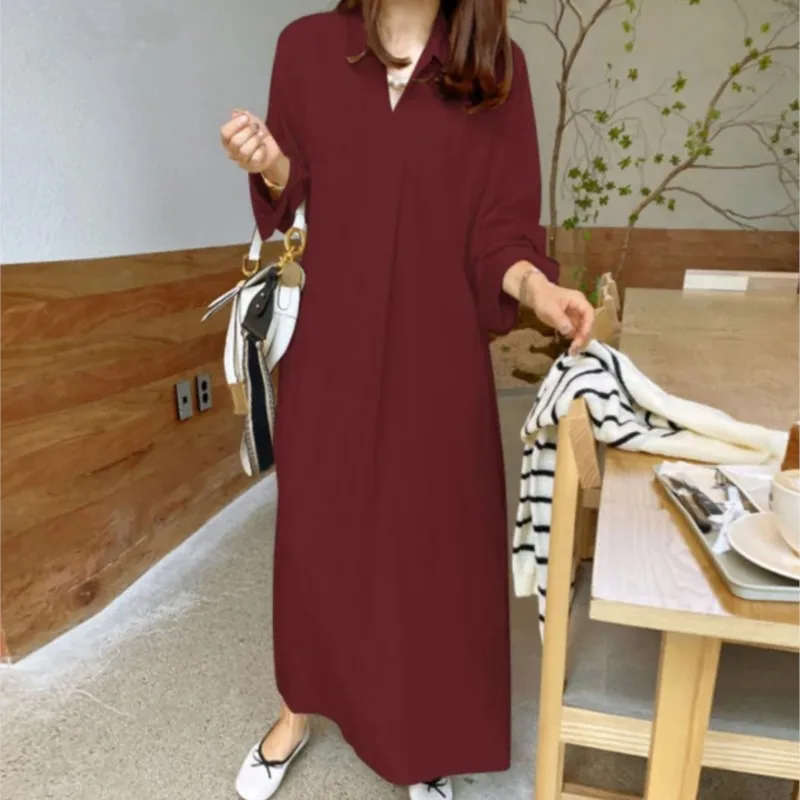 2024 V Neck Maxi Dress New Fsahion Elegant Solid Color Cotton Long Sleeve Fall Spring Temperament Loose Plus Size Female Dress