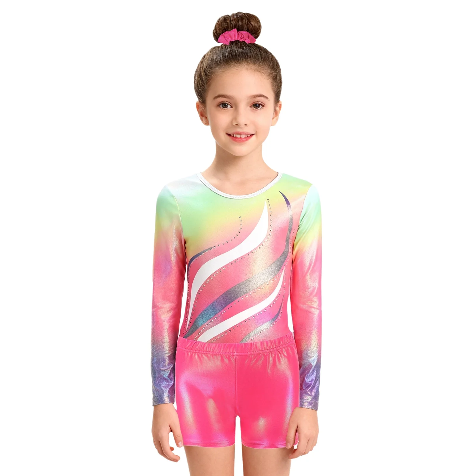 Dziecięce gimnastyczne trykoty dla dziewcząt, strój do łyżwiarstwa figurowego, baletu i tańca, błyszczące cyrkonie, siateczka, długi rękaw, body z dopasowanymi szortami.