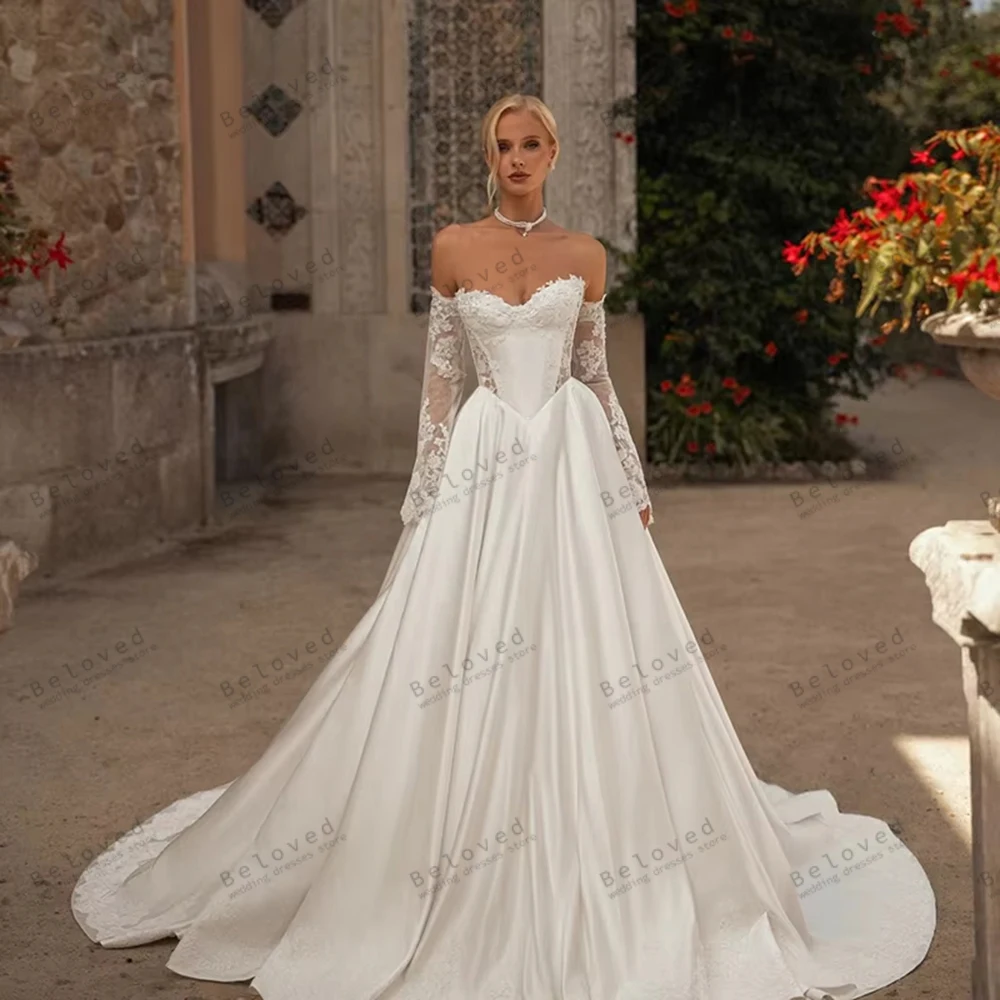 Charming Wedding Dresses A Line Satin Bridal Gowns Lace Appliques Sexy Strapless Backless Robes Vestidos De Novia Customized