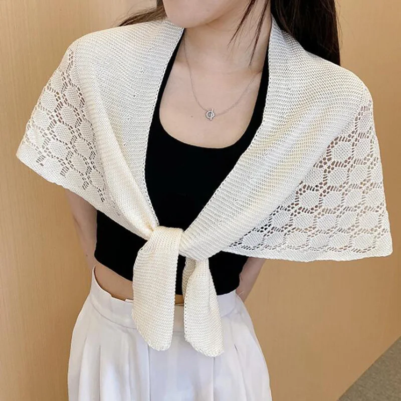 Korean Solid Honeycomb Crochet Lace Hollow Knit sunscreen Shawl Summer Air Conditioned Neck Protect Cross Cloak Women Scarf Q54