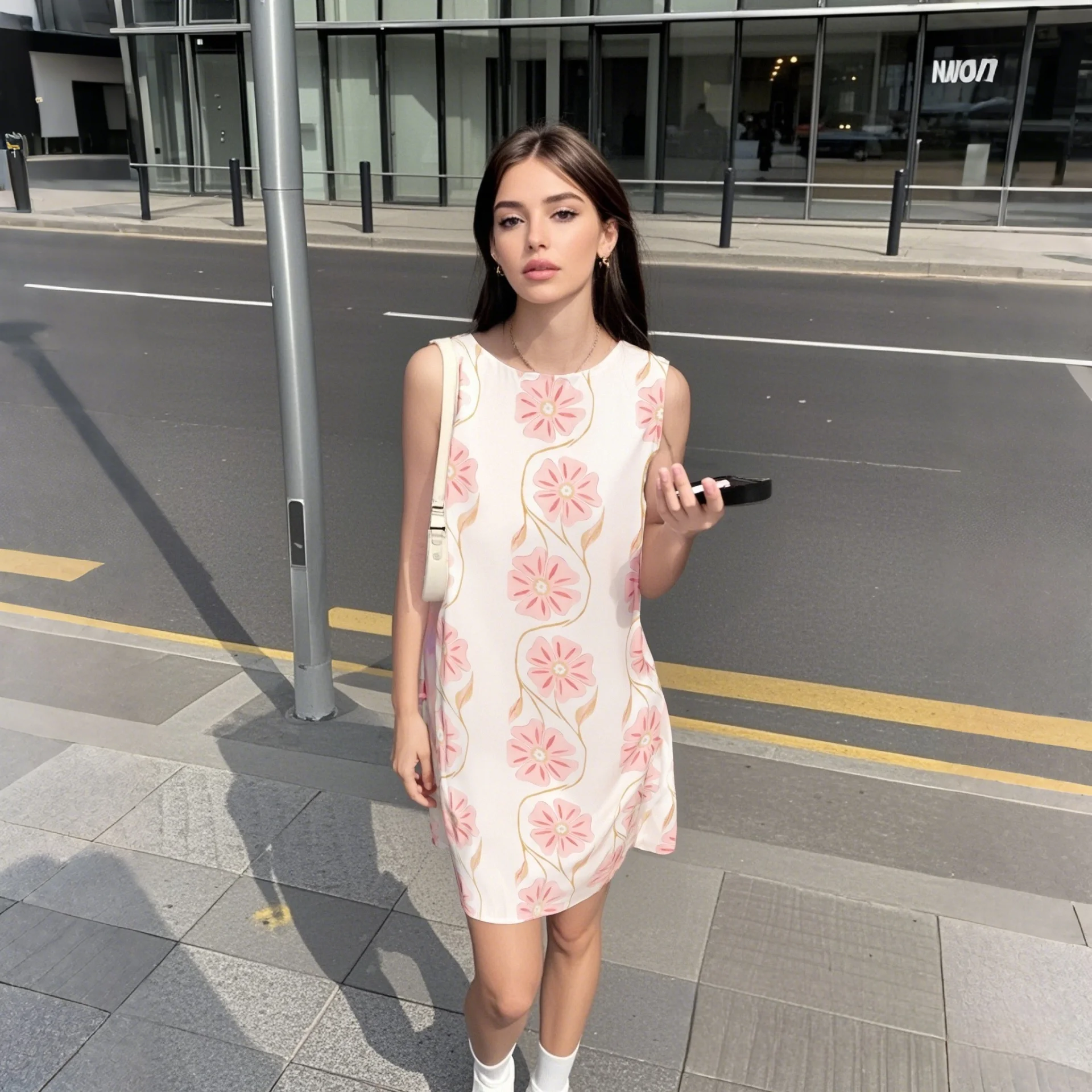 

New Women's European and American Style Casual Fashion Slim Sleeveless Round Neck Straight Flower Print Mini Dress