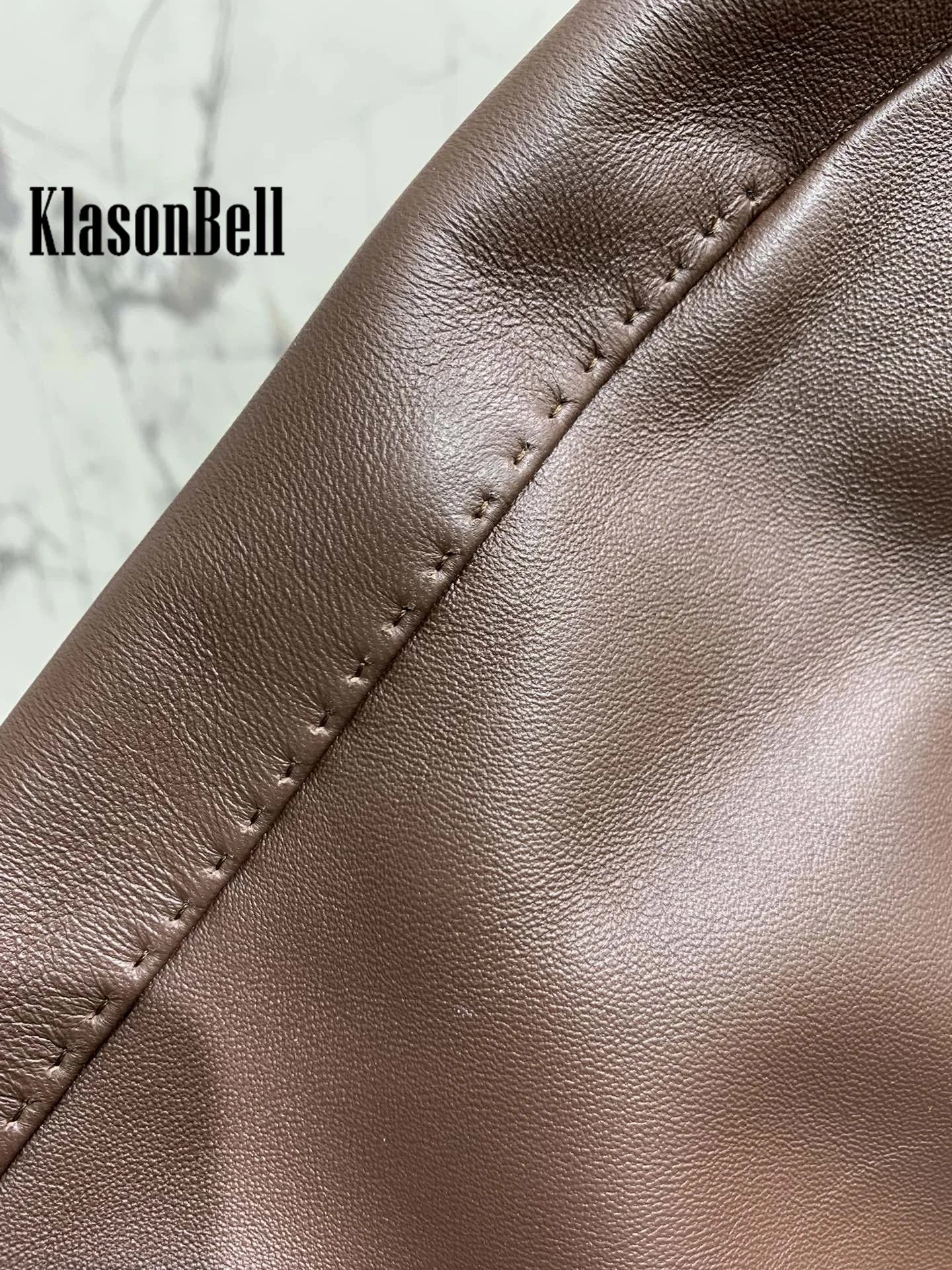 8.5 KlasonBell Women\'s High Quality Sheepskin Package Hip Skirt High Waist Side Pocket Front Split Genuine Leather Skirt