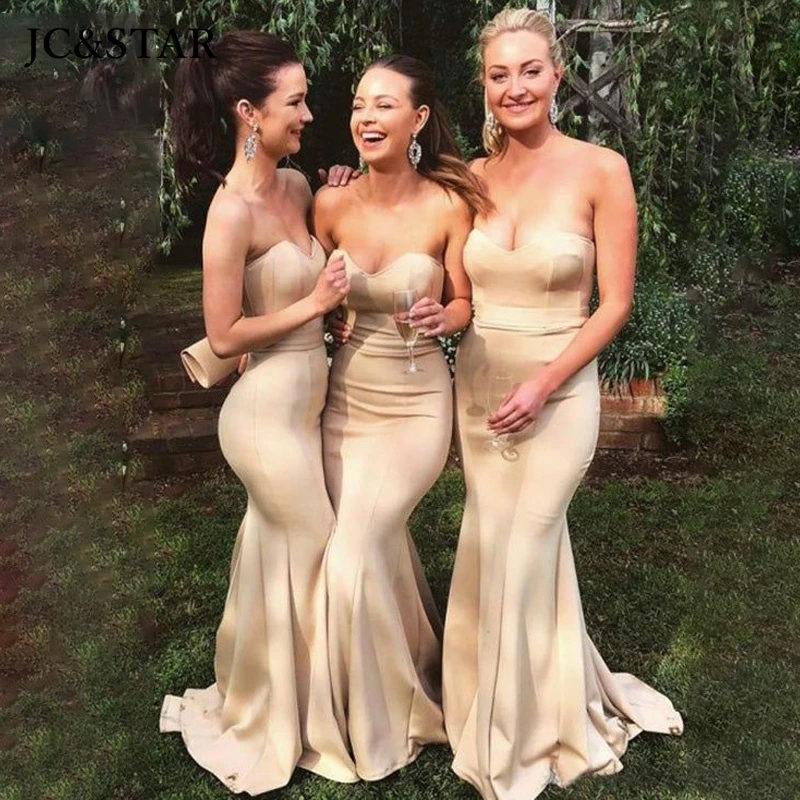 

golden mermaid bridesmaid dresses satin off shoulders robe de soirée de mariage Backless long vestidos para bodas mujer invitada