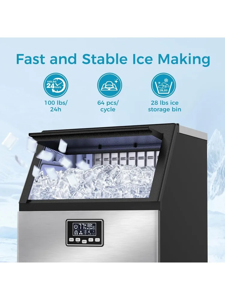 Commercial Ice Maker Machine,Moon-Shaped Ice,100lbs/24H Under Counter ice Machine,Freestanding Ice Maker,Ice Thickness