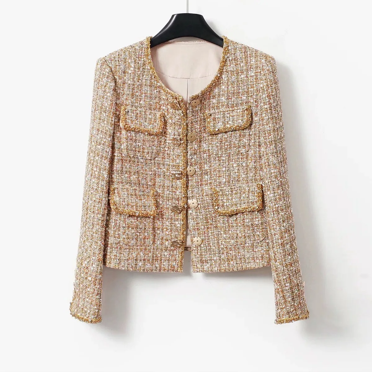Elegant Fashionable Tweed Color Coffee Short Coat Heavy Work Four Pocket Versatile Top for Women Commute Style Polyester Fiber